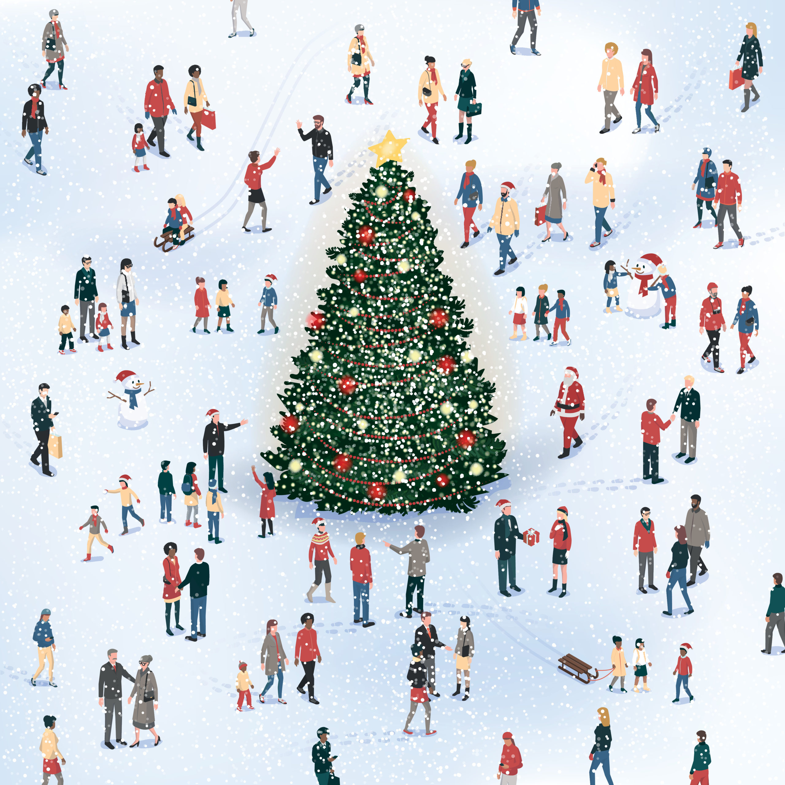 People gathering around the Cristmas tree